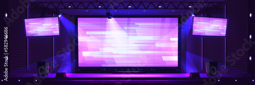 Tv show stage background with led screen panel. Concert studio with led monitor display on wall and spotlight on scene. Video or music entertainment game contest stand with glowing lamp.