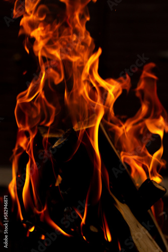 Fire flames on vertical photo, wild hot bonfire