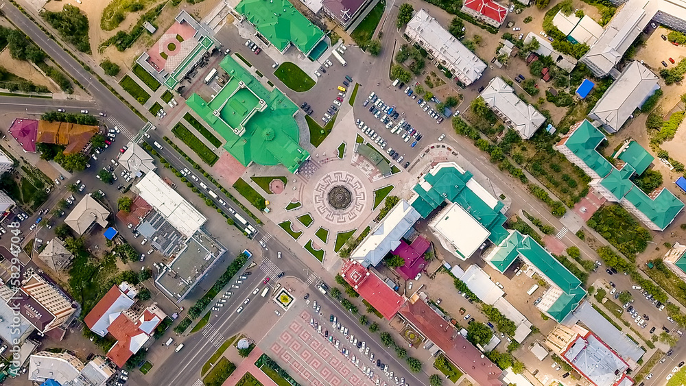 Russia, Ulan-Ude. Theater Square named after Lhasaran Linhovoin, From Drone, HEAD OVER SHOT