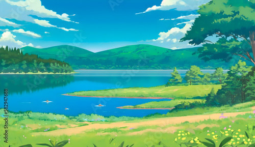 Anime nature beautiful summer scenery background