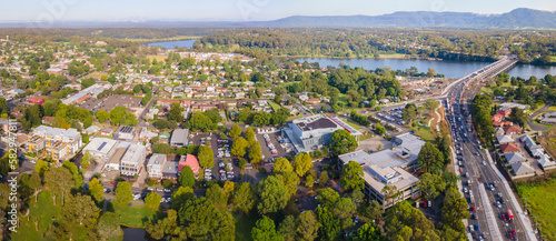 Panoramic aerial drone view of Nowra showing Nowra Bridge along the Princes Highway in the City of Shoalhaven, NSW, Australia with Shoalhaven River in the background 