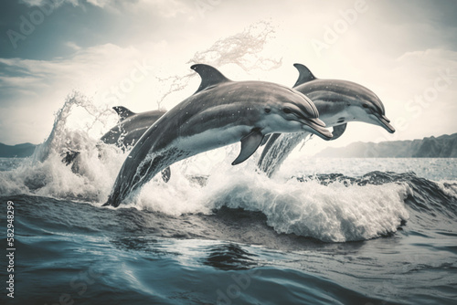 Three dolphins jumping out of the ocean generative ai © deyton