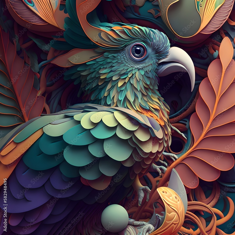 Obraz premium a picture depicting many different kinds of colorful birds, patterns of plants, fantasy, generated in AI