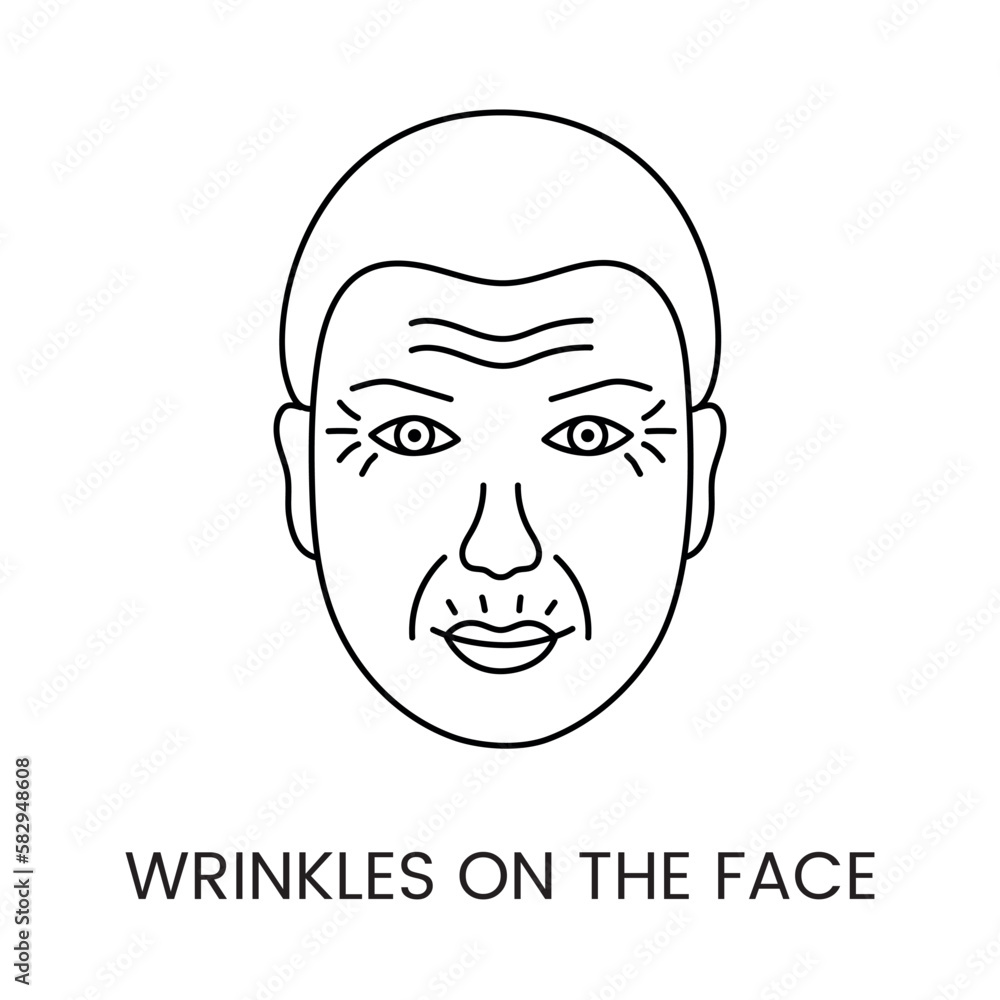 Wrinkles on the face line icon in vector, illustration of a man with age-related changes on his face