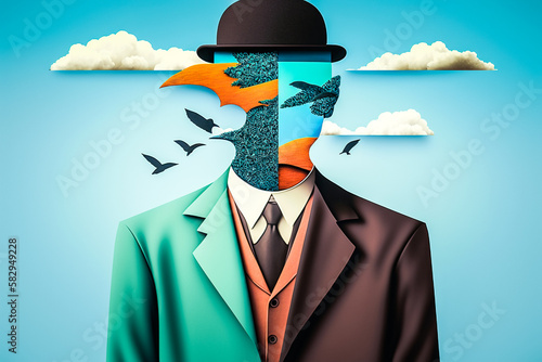Homme sans visage. avec un costume de deux couleurs. Concept de dualité, double personnalité - Surréalisme - Générative IA