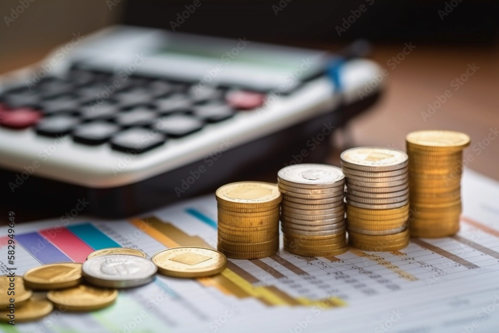 economy, finance, and investment background featuring coins and a calculator with a financial graph showing growth of inflation and interest rate hike. economy development report importance of finance economy, finance, and investment background featuring coins and a calculator with a financial graph showing growth of inflation and interest rate hike. economy development report importance of finance