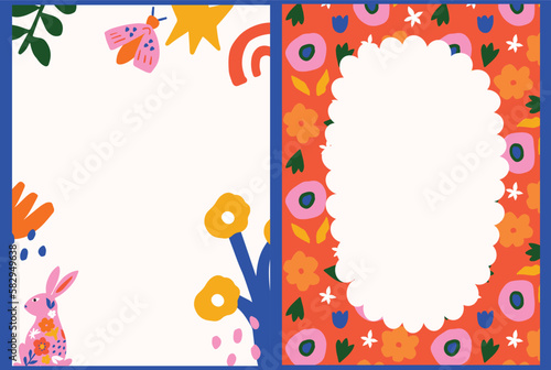 Hand drawn cute floral background for Posters Wall art, Invites and cards. Bright and colorful matisse style cutout flower cute print template with floral borders set of 2. 
