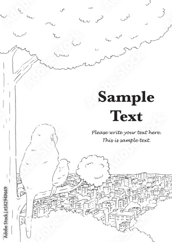 森から街を俯瞰してみる動物の後ろ姿と背景-手描きの線画
