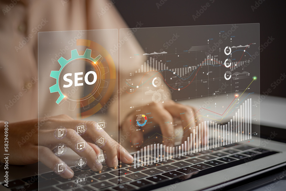 Website admins using SEO tools to get their websites ranked in top search rankings in search engine. Website improvement concept to make search results higher. - obrazy, fototapety, plakaty 