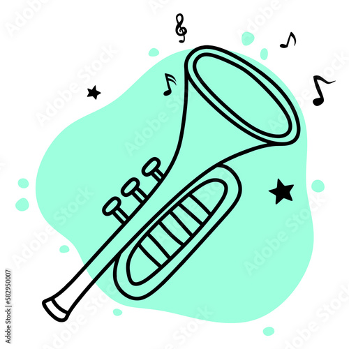hand drawing of trumpet and musical notes.