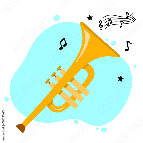 hand drawn cute trumpet in cartoon style.