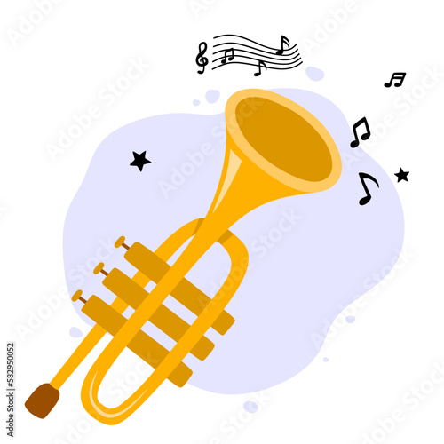 hand drawn cute trumpet in cartoon style.