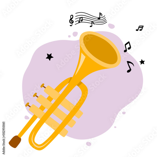 hand drawn cute trumpet in cartoon style.