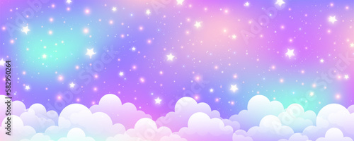 Fantasy pink unicorn background with clouds and stars. Pastel color sky. Magical landscape, abstract fabulous pattern. Cute candy wallpaper. Vector.