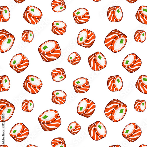 seamless pattern with rolls, philadelphia sushi on a transparent background. Vector pattern with bright Asian food