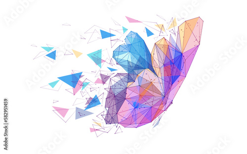 Abstract digital vivid butterfly isolated on white background. Vector illustration in polygons, lines and dots. Colorful low poly wireframe. 