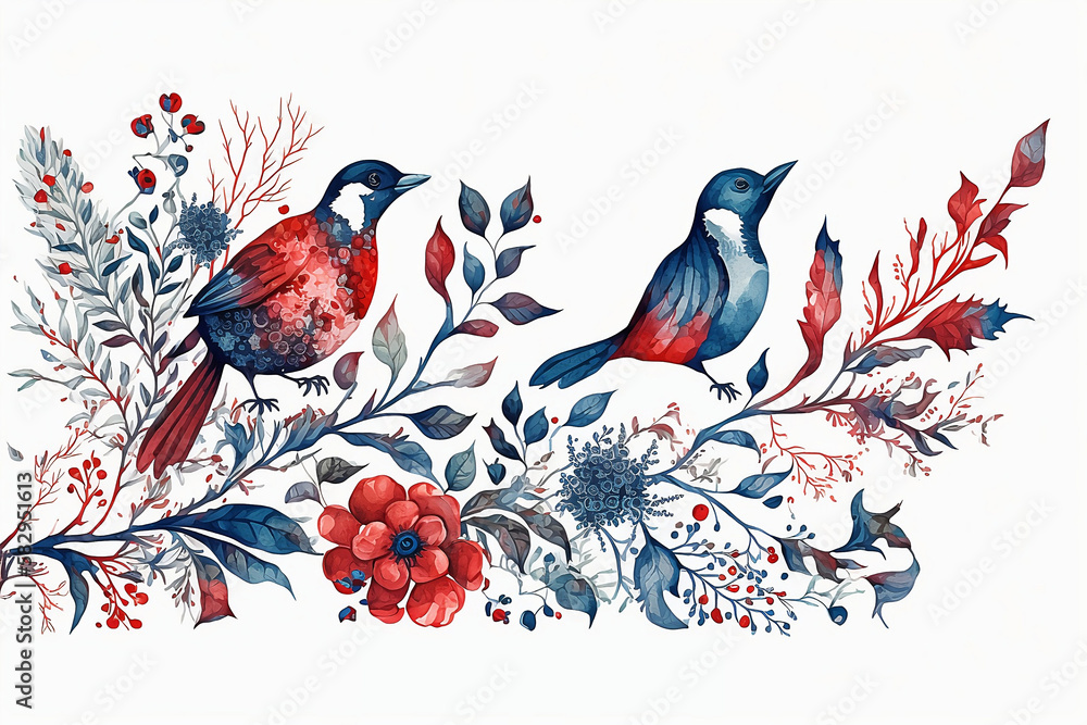 Background with birds and flowers. Generative AI.