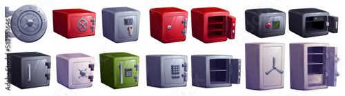Vector safe box set for money with open, closed door. 3d deposit steel vault icon with locker security. Isolated cartoon metal storage for treasure on white background with secret code combination.