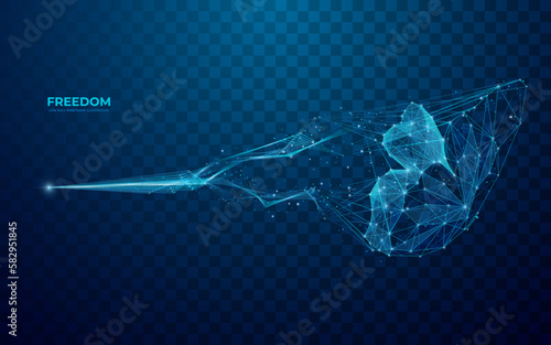 Abstract digital butterfly breaking out of the web. Polygonal freedom concept. Technology butterfly in polygon, lines and connected dots. Vector illustration in blue. Social media or internet detox.