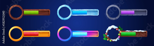 Vector game life progress bar. Cartoon ui avatar frame with health and score graph on dark background. Gui set design with isolated frame and mana indicator. User experience progressbar.