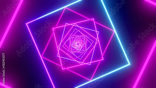 Futuristic neon laser lights tunnel with stars in deep space.