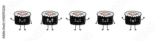 Set of kawaii maki sushi mascots in cartoon style