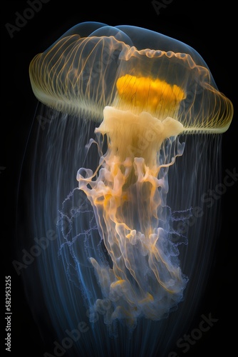 Translucent glowing jelly fish in deep sea neon cloral. Generated by AI. photo