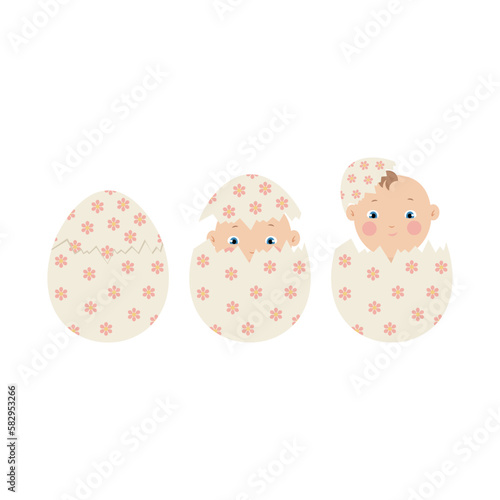 Human baby hatching from egg, embryo development evolution, vector illustration.