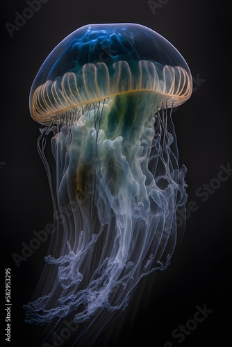 Translucent glowing jelly fish in deep sea neon cloral. Generated by AI. photo