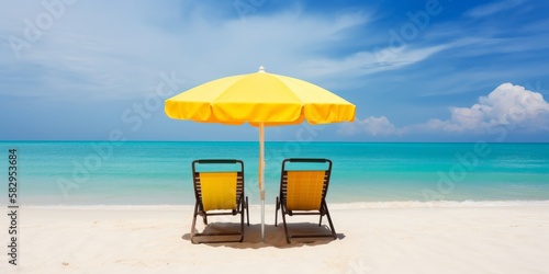 Two empty chairs under the umbrella on the beautiful tropical beach. Generative AI image © Minh Do