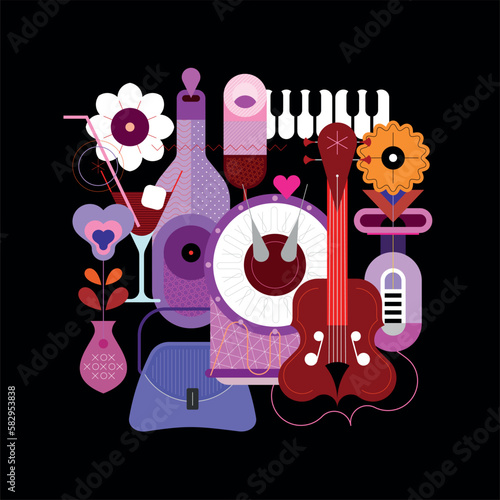 Colour vector design of music instruments, cocktails, wine bottle and fashionable handbag isolated on a black background.