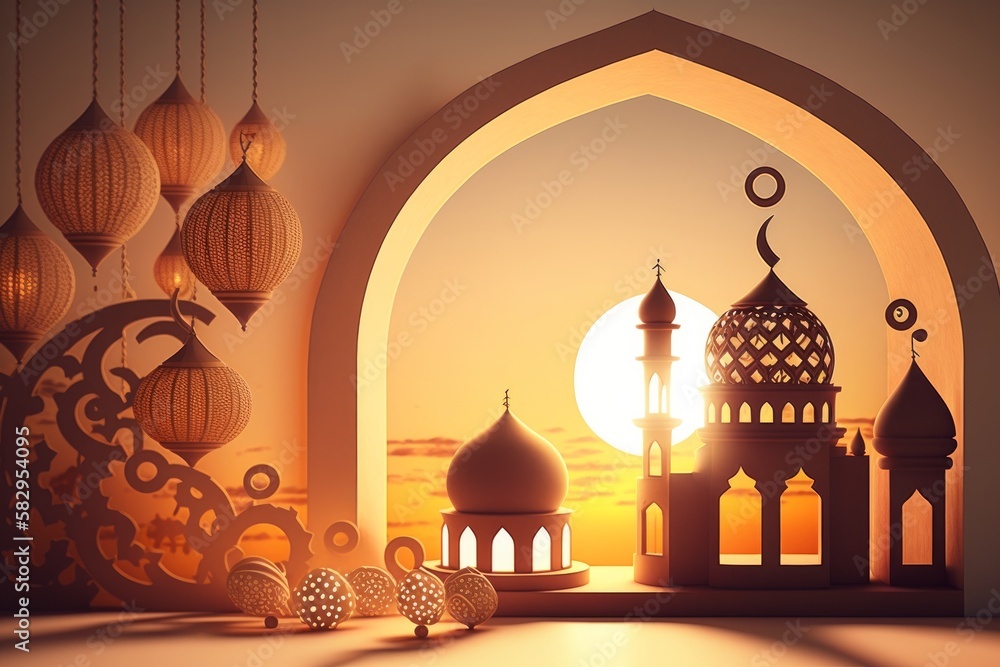 A mosque with a view of the moon and the sun, Generative AI