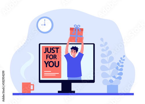 Computer screen with just for you banner and happy man with gift. Special offer or personalized recommendation for taste of consumer vector illustration. Personalization, promotion, ecommerce concept