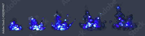 Cartoon animation set of blue explosion and smoke clouds isolated on black background. Vector illustration of boom effect, bomb blast trail with dust, gas, fume rising in air. War game design elements