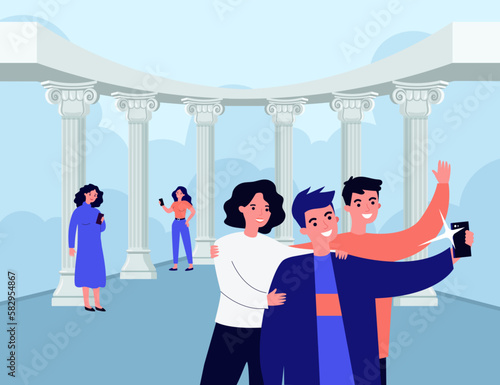 Happy young people taking photos with Ancient Greek columns. Gen Z persons taking selfies with smartphones next to classic pillars flat vector illustration. Tourism, Ancient Greece, culture concept