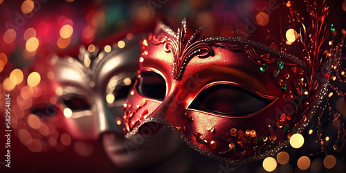 Carnival Party Venetian Masks On Red Glitter With Shiny Streamers On Abstract Defocused Bokeh Lights with Generative AI technology