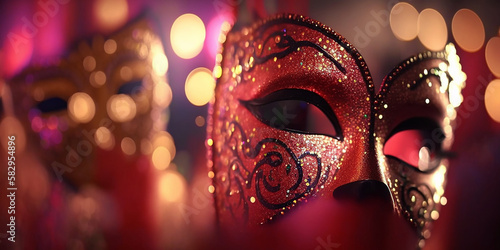 Carnival Party Venetian Masks On Red Glitter With Shiny Streamers On Abstract Defocused Bokeh Lights with Generative AI technology © Nayan