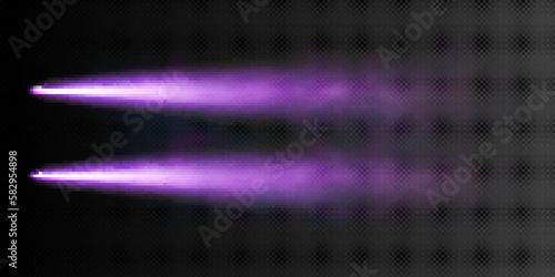 Realistic purple rocket flight trails isolated on transparent background. Vector illustration of neon laser beam effect, blaster attack, gun bullet, magic power strike lines. Game design element