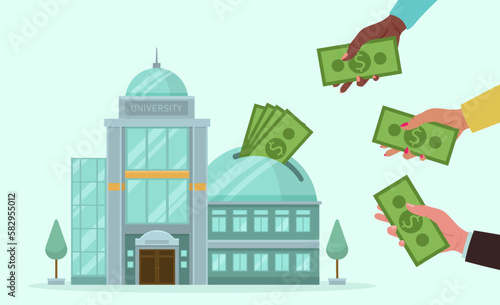 Hands of students putting banknotes into university piggybank. Moneybox in shape of university building, people paying tuition fees vector illustration. Finances, education, investment concept