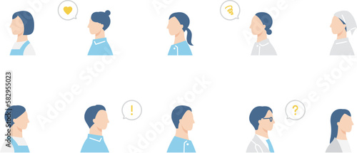 介護、医療スタッフの横顔アイコンセット