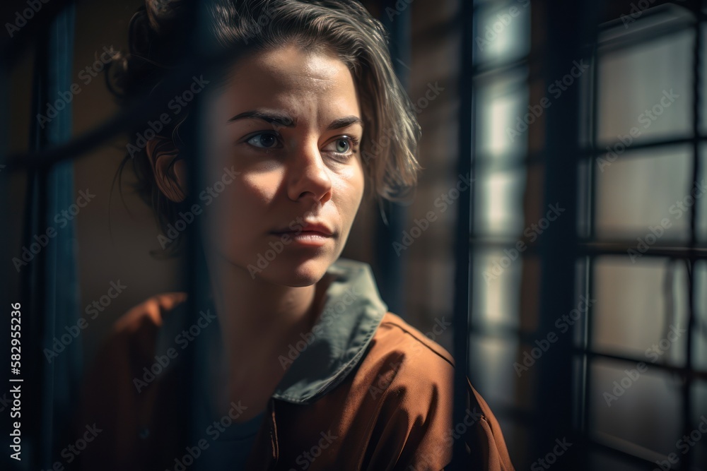 A woman in prison gazes out the window with a sad and lonely expression ...