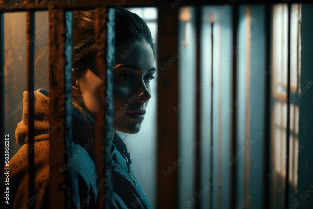 A woman in prison gazes out the window with a sad and lonely expression ...
