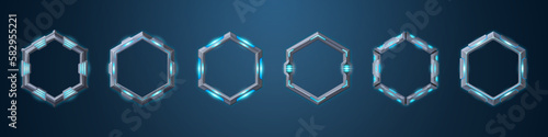 Sci fi neon game rank avatar metal hexagon frame vector set. Cartoon isolated futuristic iron level border badge on dark background. Steel user asset kit. Empty silver ranking template illustration.