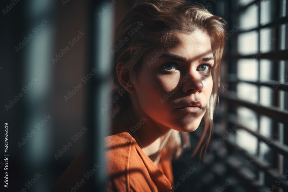 A woman in prison gazes out the window with a sad and lonely expression ...