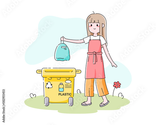 Young girl throws a trash bag into a waste bin. Cute cartoon illustration in asian modern style. Throwing plastic garbage into a trash can for plastic recycling. Vector concept on white background.