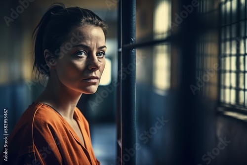 A woman in prison gazes out the window with a sad and lonely expression, trapped behind the cold metal bars of her cell. generative ai