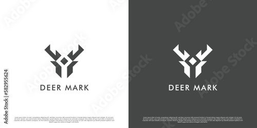 Deer mark logo design illustration. Deer animal head silhouette. geometric monogram label logo stamp icon mountain forest animal zoo. Perfect for web or app icons.