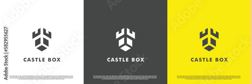 Castle box logo design illustration. Silhouette cardboard box castle tower brick guild kingdom kingdom. Simple medieval building vintage modern icon template. Perfect for web or app icons.