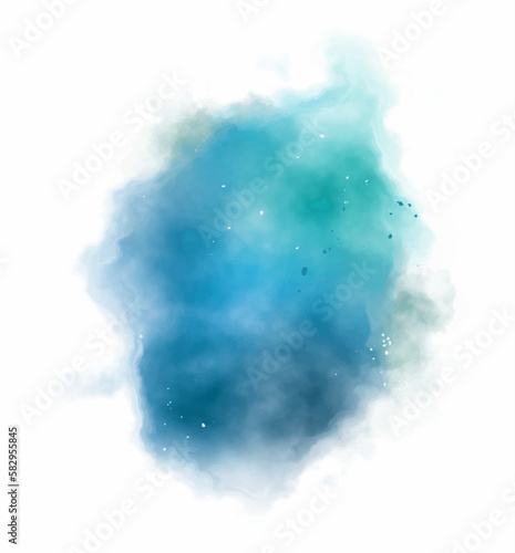 Color splashing hand-drawn watercolor stains background. Blue watercolor blotch and brush on white background. 