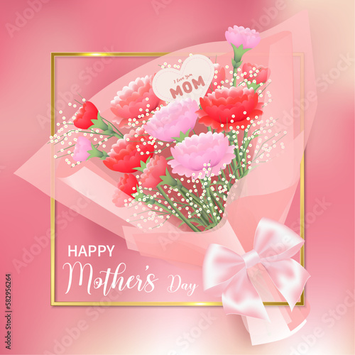 Happy Mother's Day with a beautiful bouquet of carnations on a pink vector background